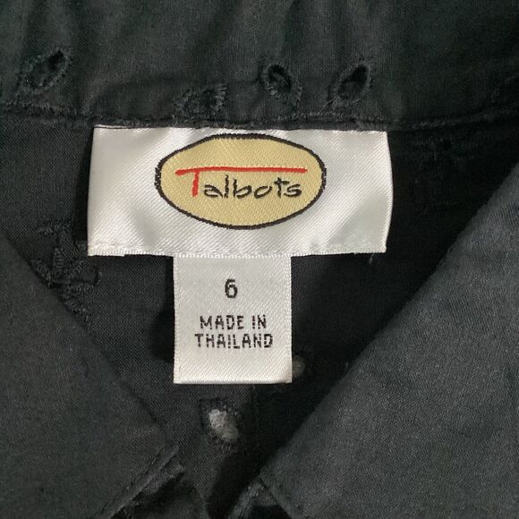 Talbot's Woman Black Eyelet Blouse Button Front Long Sleeves Size 6 Cotton - Picture 6 of 13